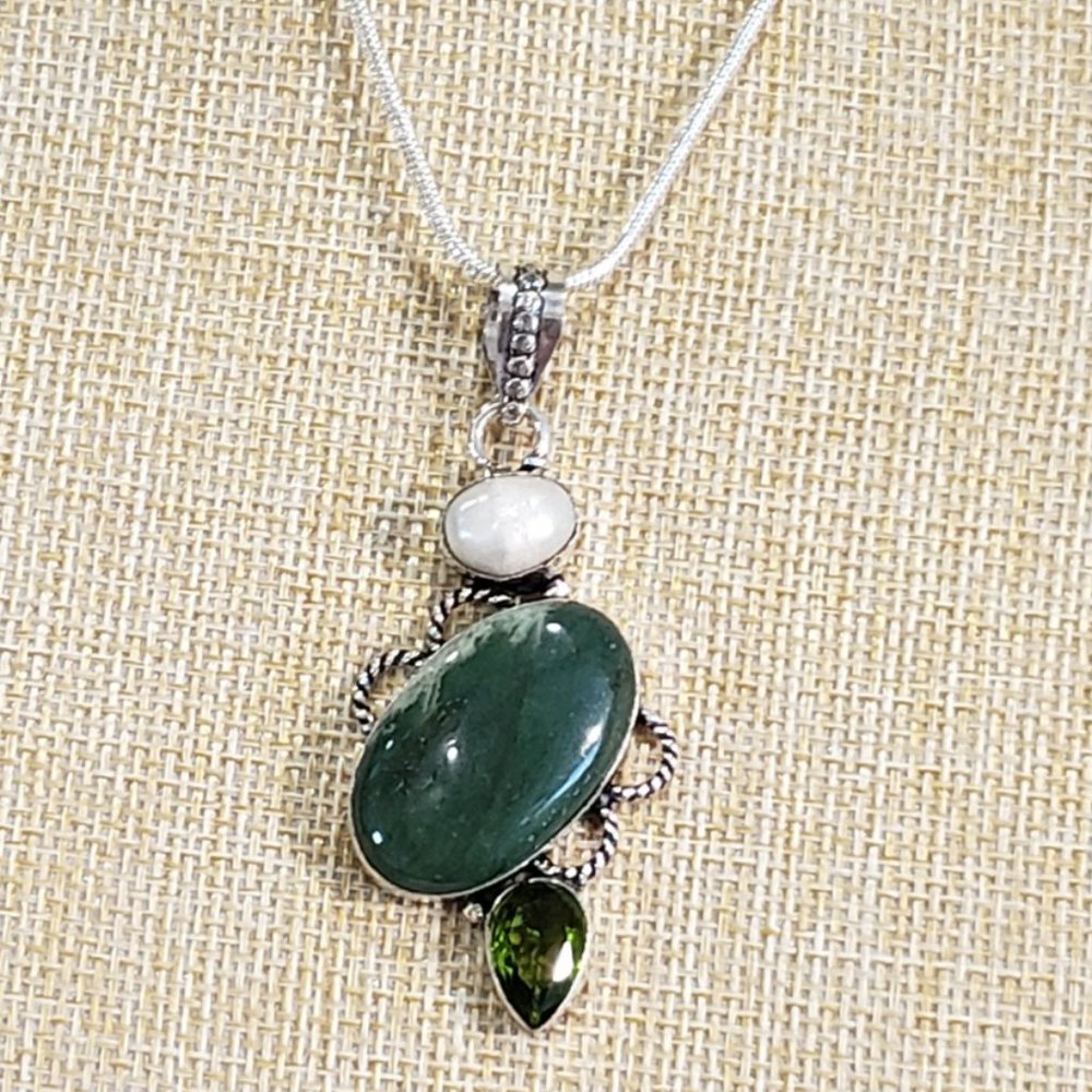 Green Aventurine, Pearl Peridot Gem 925 Silver Handmade Pendant Necklace